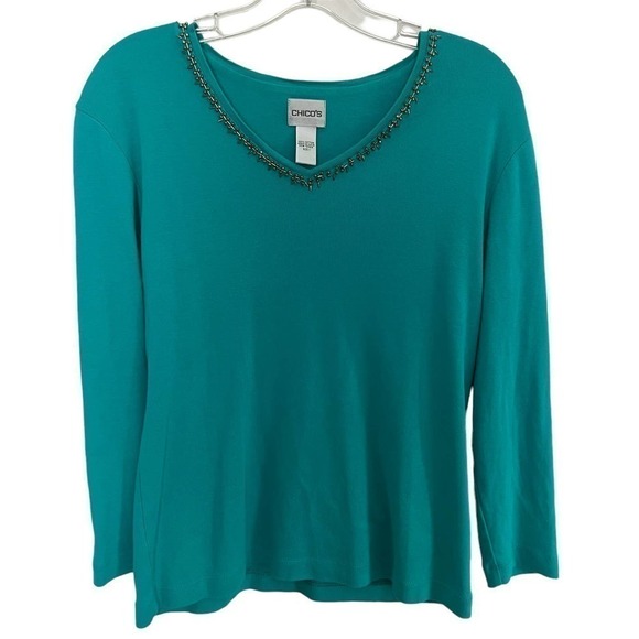 Chicos Beaded Longsleeve V Neck Top Teal Blue Size 1 US 8 - Picture 1 of 6